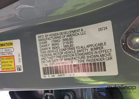 2024 Honda Civic Sport из США, поврежденный, VIN 19XFL2H81RE031138